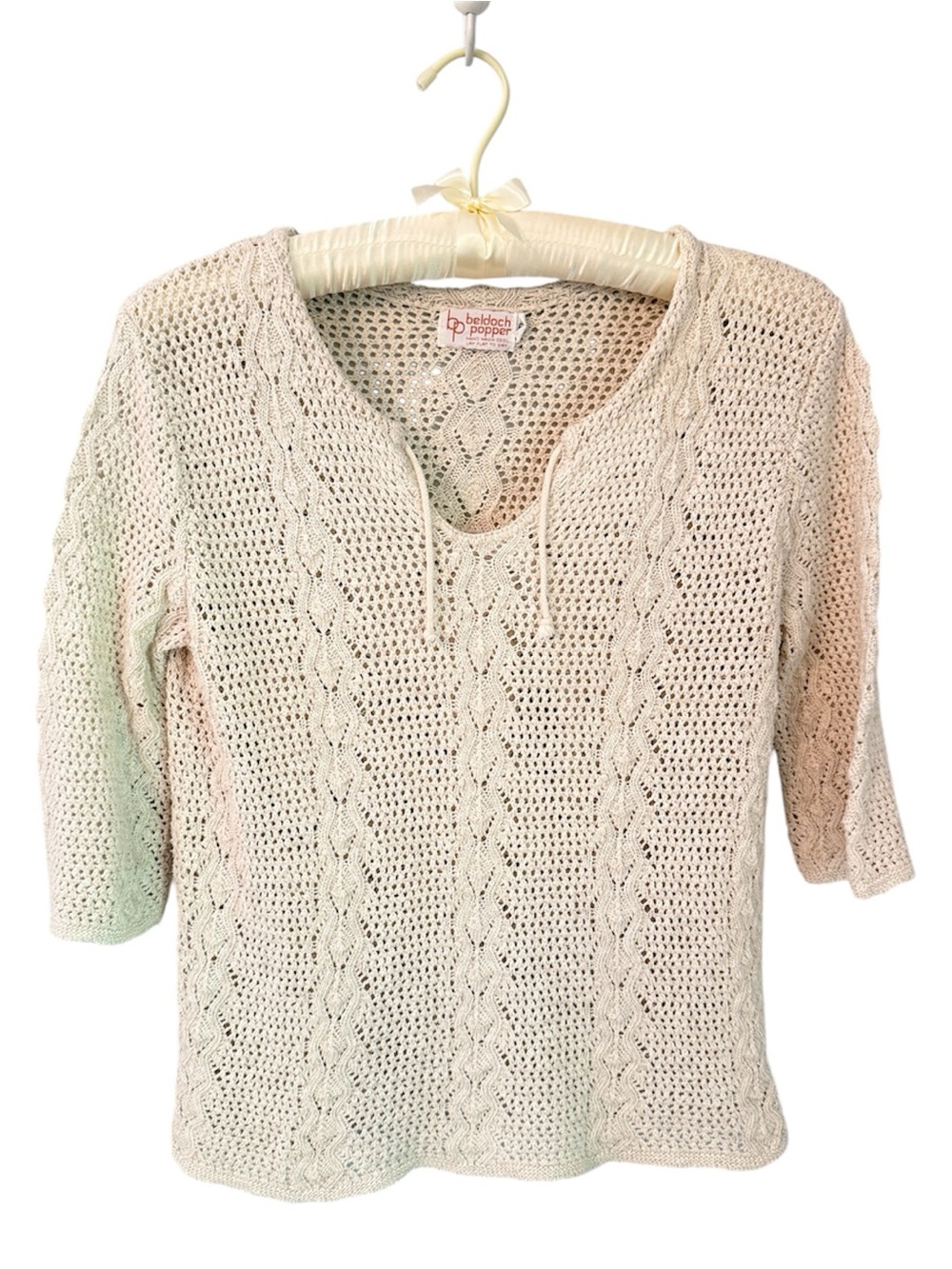 Beldoch Popper Cotton Crochet Knit Top Cream Boho Beach Sweater